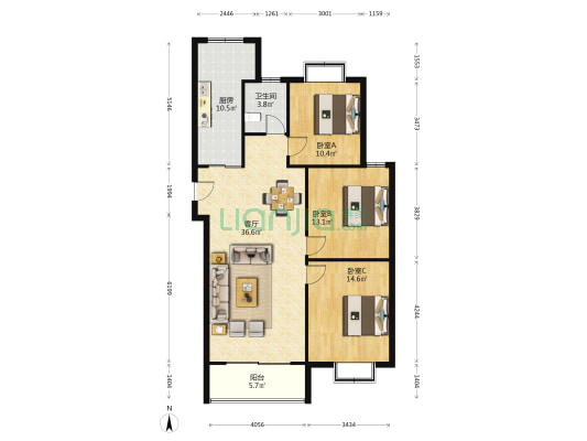 东方绿洲 3室1厅1卫 116平方