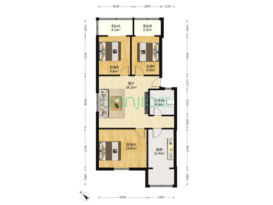外化成五里墩东二巷5号 3室1厅1卫 90平方