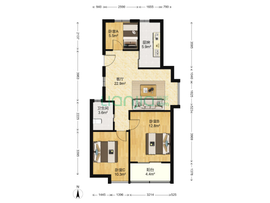 怡景园 3室1厅1卫 91平方