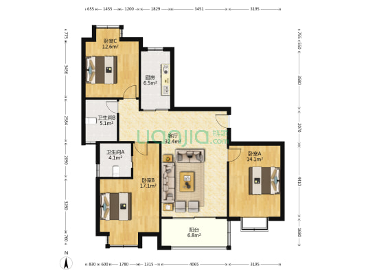 逸香园 3室1厅2卫 124平方