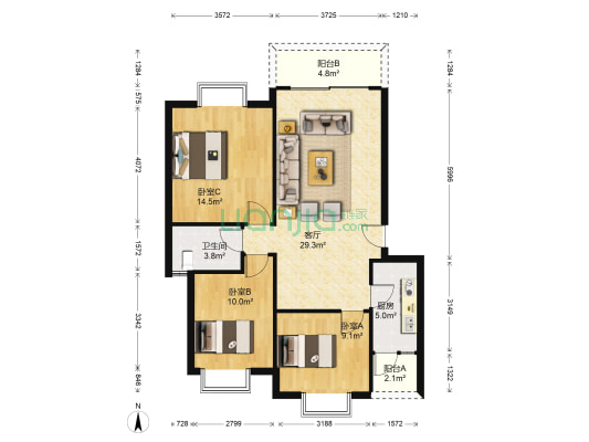 幸福37号院 3室1厅1卫 95平方