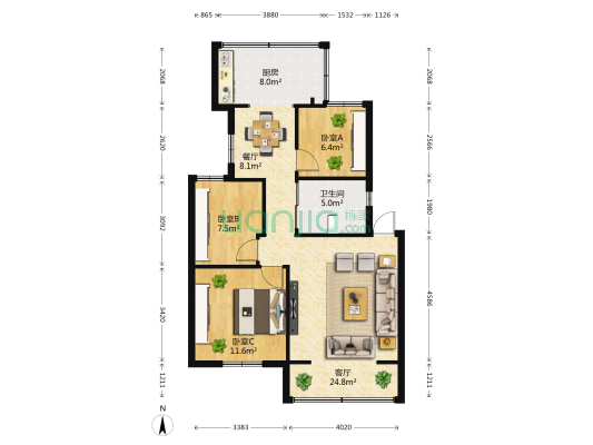 船房小区火电公司宿舍 3室2厅1卫 75平方