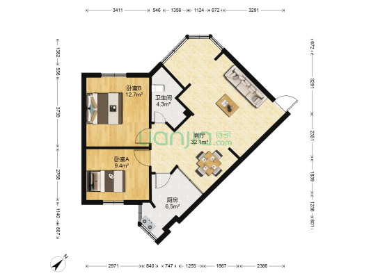 棕南西街4号 2室1厅1卫 76平方