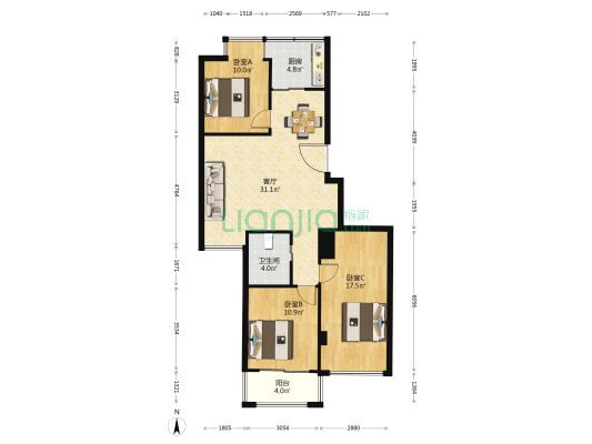 丁香园 3室1厅1卫 90平方