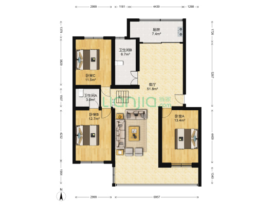 太扬家园 3室1厅2卫 136平方