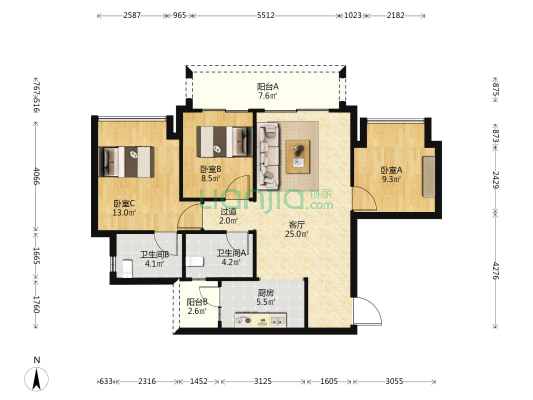 映湖十里 3室1厅2卫 97平方
