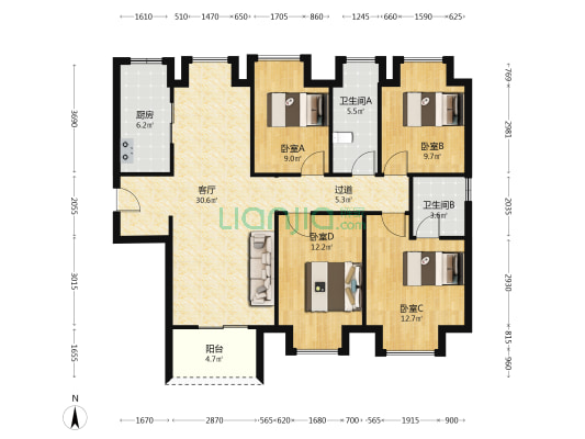 中法企业中心绿景香颂 4室1厅2卫 127平方