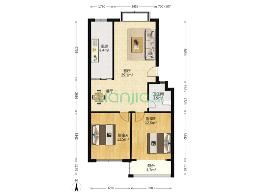 东城润泽园 2室1厅1卫 91平方