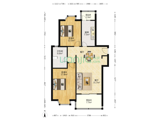 莲浦新苑 2室1厅1卫 107平方