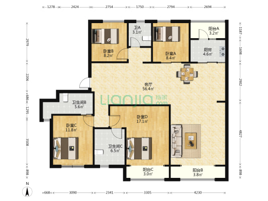光谷创新天地1期 4室1厅3卫 189平方