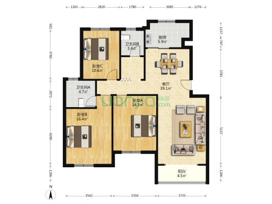 锦尚花园 3室1厅2卫 182平方