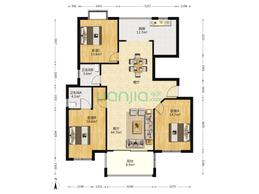 2009庄园 3室1厅2卫 143平方