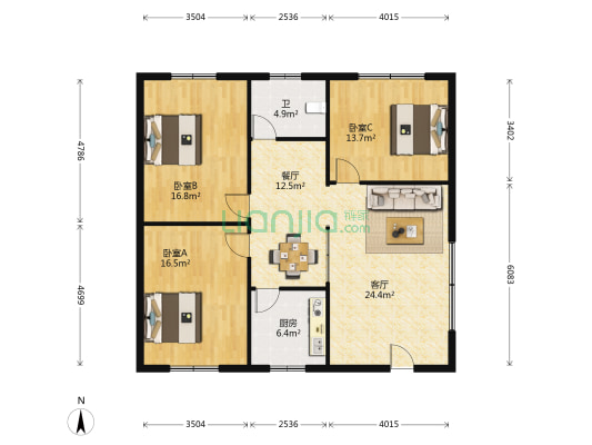 蓬莱仙居小区 3室2厅1卫 114平方