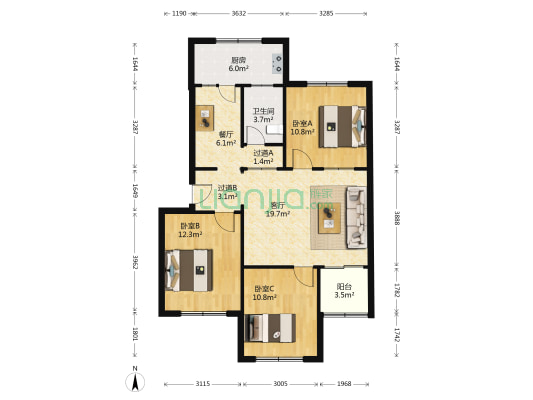 设计院家属院 3室2厅1卫 96平方