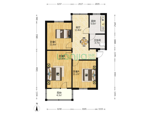 人民南路四段15号 3室1厅1卫 77平方
