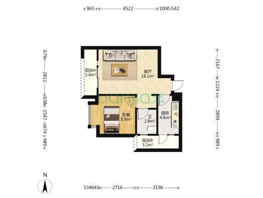 皇经楼新居二期B区 1室1厅1卫 53平方