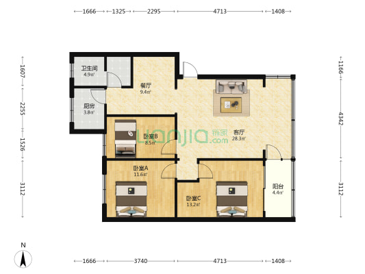 云南省民政厅宿舍 3室2厅1卫 86平方
