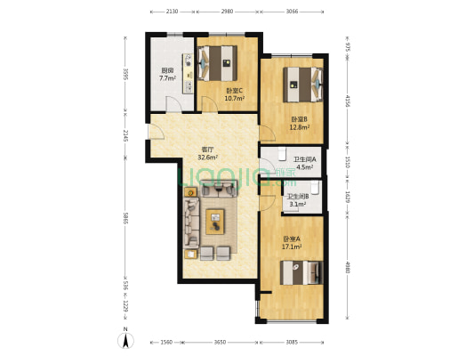 鲁辉国际城六区 3室1厅2卫 129平方