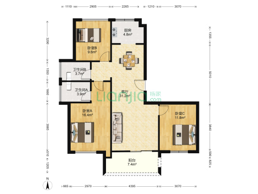 天瑞臻品 3室1厅2卫 106平方
