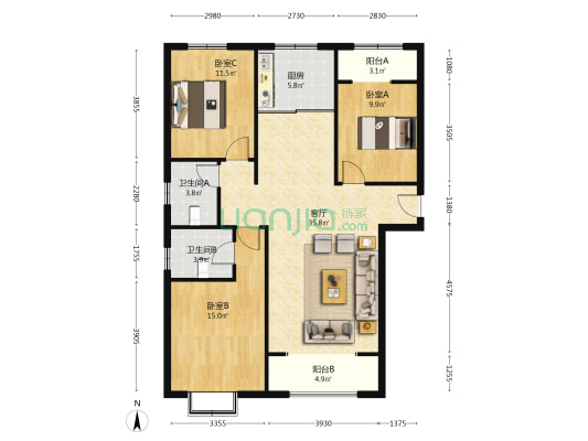 开发区 南北通透毛坯有房本看房方便-户型图