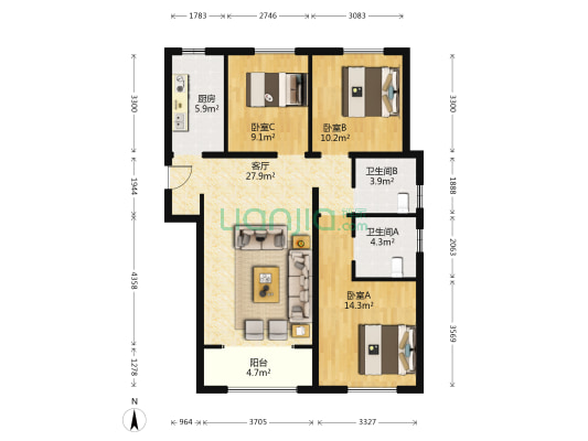 绿地朗山公馆南区 3室1厅2卫 114平方