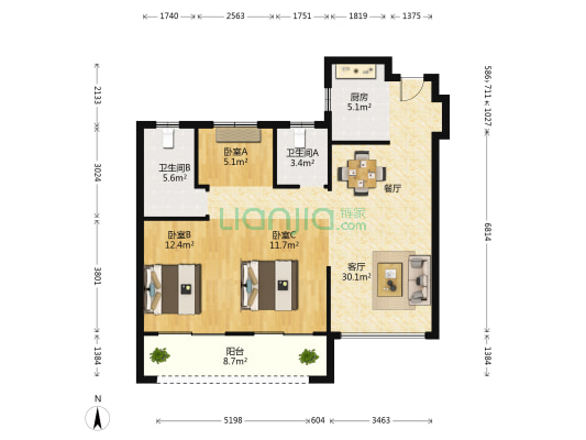 工联望园 3室1厅2卫 100平方