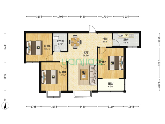 嘉大如意 3室1厅1卫 107平方