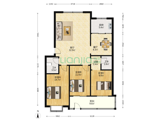 银亿园南楼小区 3室2厅2卫 123平方