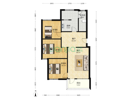 青年路一巷 3室2厅1卫 88平方