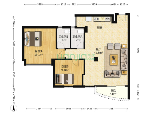 丽江花园德汇楼 2室1厅2卫 105平方