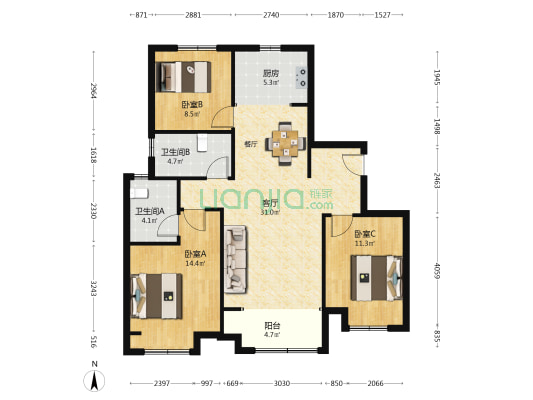 世茂云图 3室1厅2卫 116平方