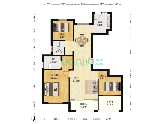 秀屿嘉园 3室1厅2卫 117平方