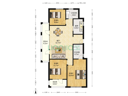 绿城蓝庭西区 3室1厅2卫 126平方