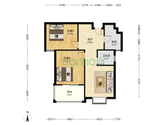 店忠家园 2室1厅1卫 83平方