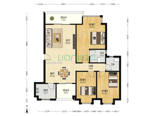 蓝波湾豪庭 3室2厅2卫 117平方