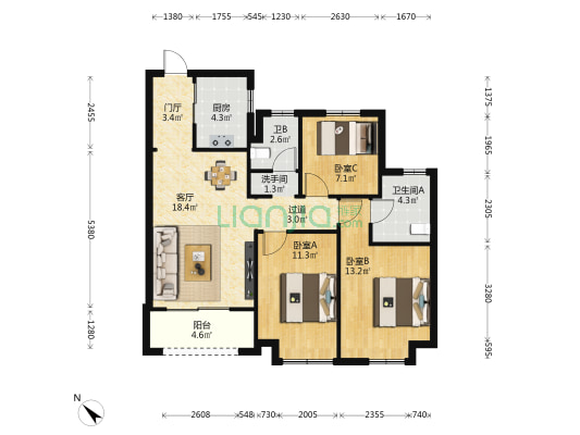 宝龙世家A区 3室1厅3卫 103平方