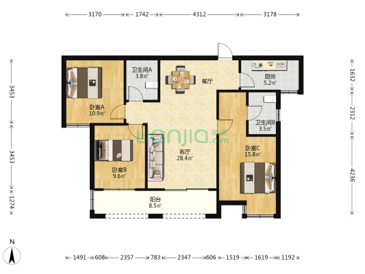 兴旺名都 3室1厅2卫 106平方