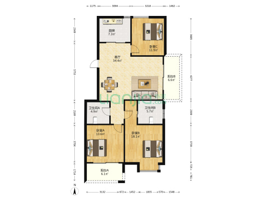 南肖埠文景苑 3室1厅2卫 143平方