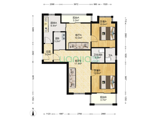 汉北尚都 2室2厅2卫 100平方