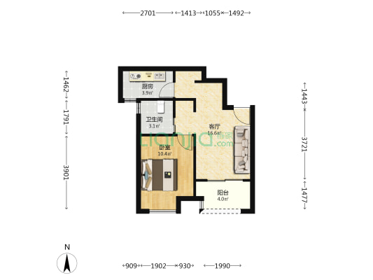 绿地香溢 1室1厅1卫 53平方