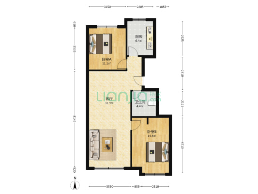天园三期 2室1厅1卫 88平方