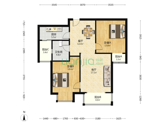 香园 2室2厅1卫 96平方