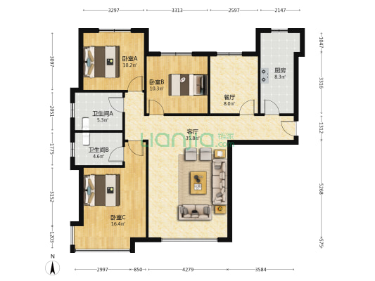西户 精装修 H户型 2卫 中楼层 南北通透 看房方便-户型图