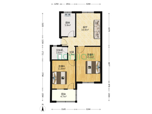 牛角塘小区 2室1厅1卫 68平方