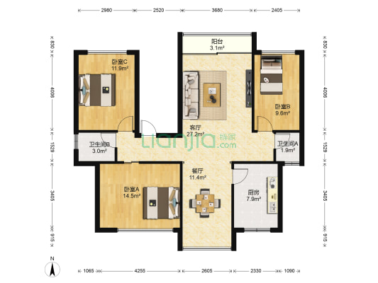 桂湖花园 3室2厅2卫 120平方