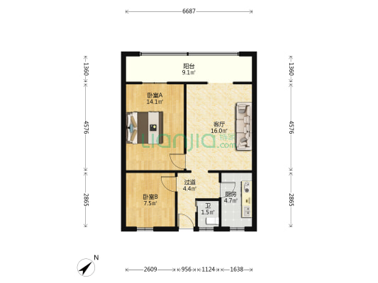 压延宿舍 2室1厅1卫 67平方