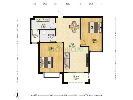 金河国际花苑 2室1厅1卫 104平方