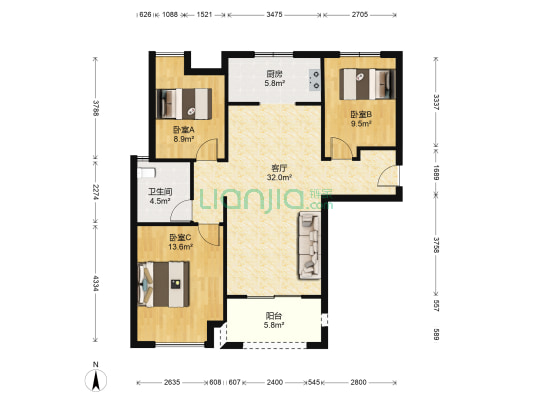 万达茂御湖仕家三期 3室1厅1卫 105平方