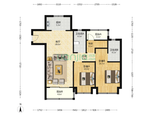 信园蓝庭 3室1厅2卫 104平方