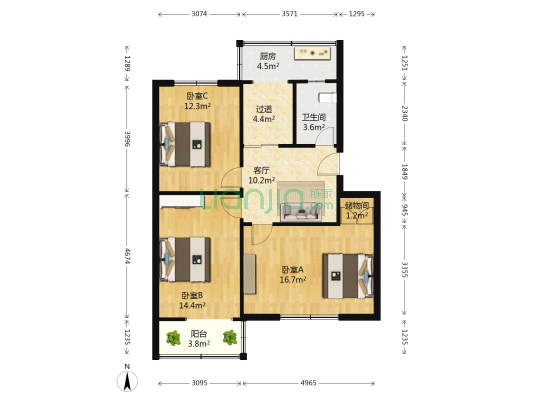 聚丙烯小区 3室1厅1卫 86平方
